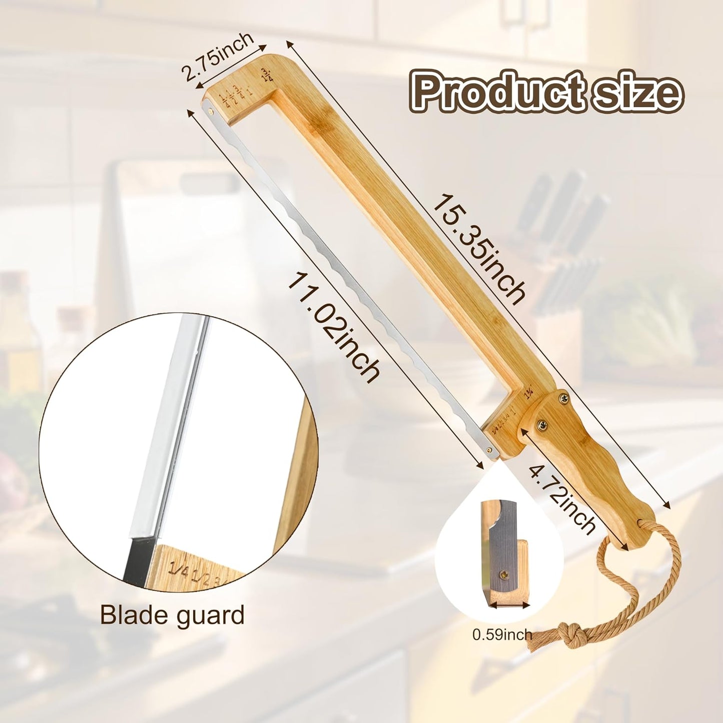 Bread Knife for Homemade Bread with 4 Thickness Guides & Ergonomic Offset Handle, Sourdough Slicer for Bagels and Baguettes, Bow Cutting Knife with Stainless Steel Serrated Saw