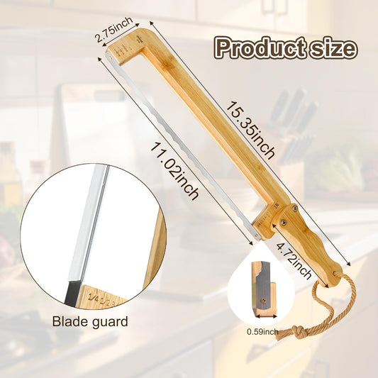 Bread Knife for Homemade Bread with 4 Thickness Guides & Ergonomic Offset Handle, Sourdough Slicer for Bagels and Baguettes, Bow Cutting Knife with Stainless Steel Serrated Saw