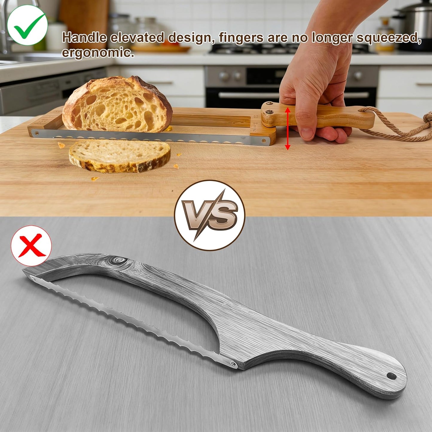 Bread Knife for Homemade Bread with 4 Thickness Guides & Ergonomic Offset Handle, Sourdough Slicer for Bagels and Baguettes, Bow Cutting Knife with Stainless Steel Serrated Saw