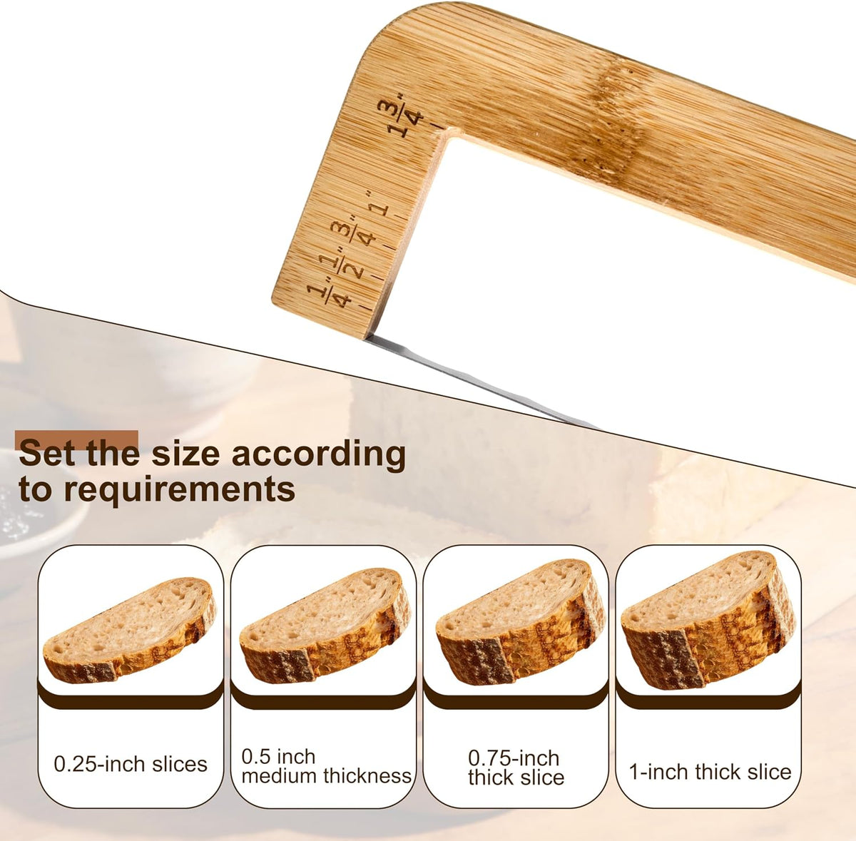 Bread Knife for Homemade Bread with 4 Thickness Guides & Ergonomic Offset Handle, Sourdough Slicer for Bagels and Baguettes, Bow Cutting Knife with Stainless Steel Serrated Saw