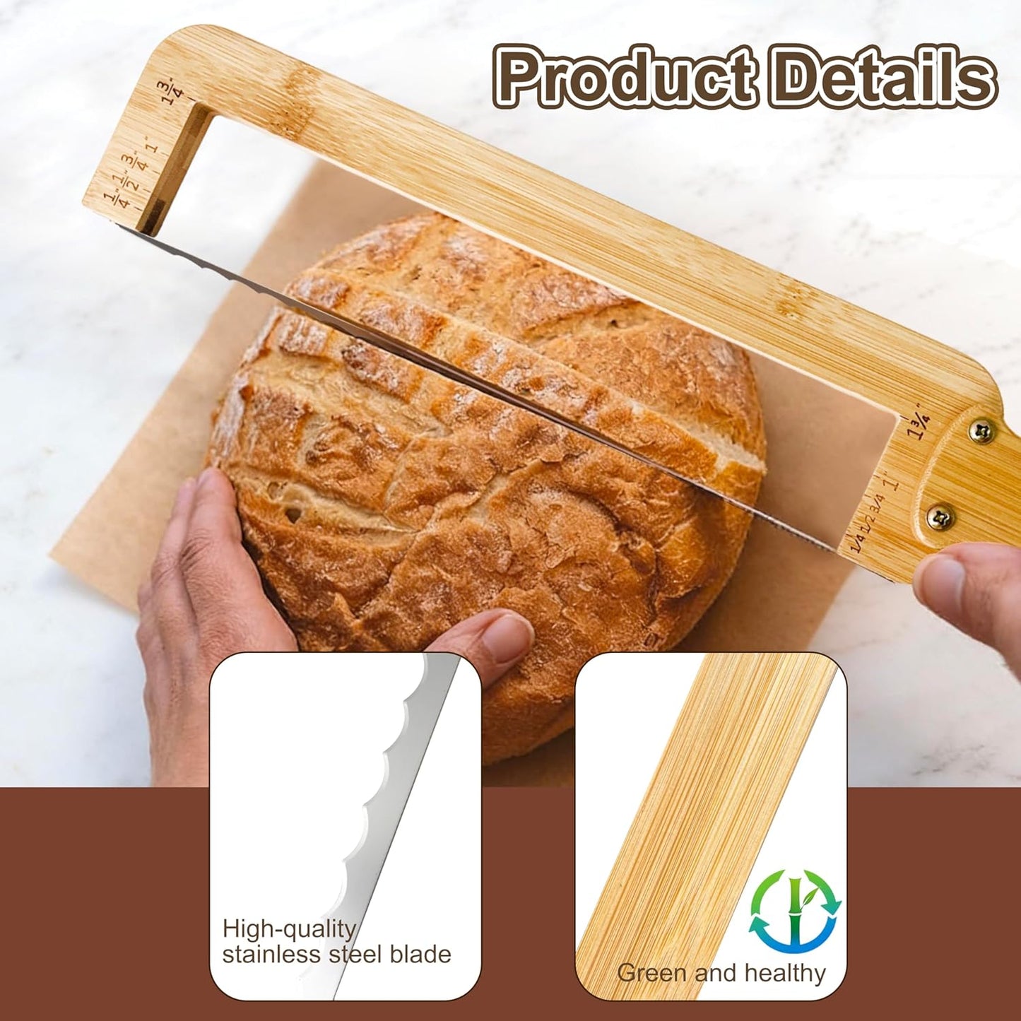 Bread Knife for Homemade Bread with 4 Thickness Guides & Ergonomic Offset Handle, Sourdough Slicer for Bagels and Baguettes, Bow Cutting Knife with Stainless Steel Serrated Saw