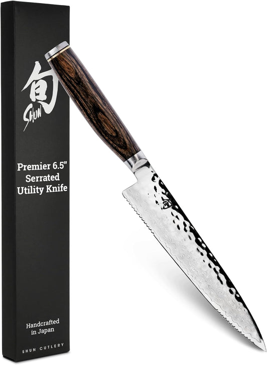 Premier 6.5" Serrated Utility Knife, Handcrafted Japanese Knife, VG-MAX Core with Damascus Stainless Steel Cladding, Pakkawood Handle, Precision and Sharpness for Professional and Home Chefs