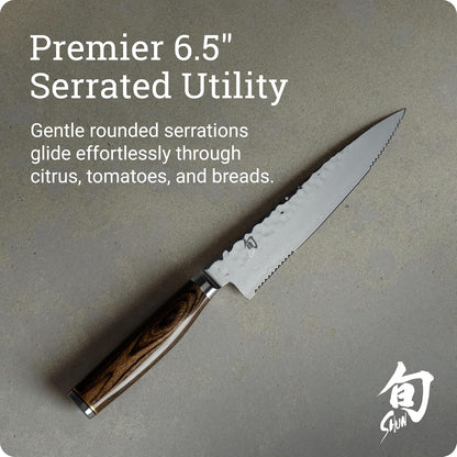 Premier 6.5" Serrated Utility Knife, Handcrafted Japanese Knife, VG-MAX Core with Damascus Stainless Steel Cladding, Pakkawood Handle, Precision and Sharpness for Professional and Home Chefs