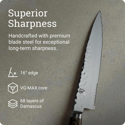 Premier 6.5" Serrated Utility Knife, Handcrafted Japanese Knife, VG-MAX Core with Damascus Stainless Steel Cladding, Pakkawood Handle, Precision and Sharpness for Professional and Home Chefs