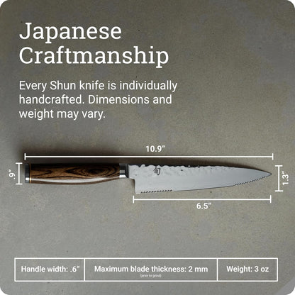 Premier 6.5" Serrated Utility Knife, Handcrafted Japanese Knife, VG-MAX Core with Damascus Stainless Steel Cladding, Pakkawood Handle, Precision and Sharpness for Professional and Home Chefs