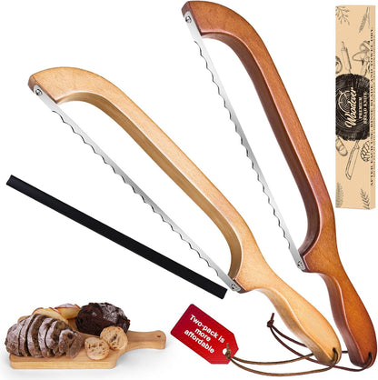Bread Knife, 2 Pack Bread Slicer for Homemade Bread, 16'' Wooden Sourdough Bread Knife with Bow Design, Premium Stainless Steel Serrated Bread Cutter for Bagels and Baguettes (2 Pack)