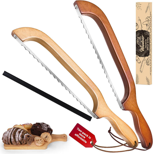 Bread Knife, 2 Pack Bread Slicer for Homemade Bread, 16'' Wooden Sourdough Bread Knife with Bow Design, Premium Stainless Steel Serrated Bread Cutter for Bagels and Baguettes (2 Pack)