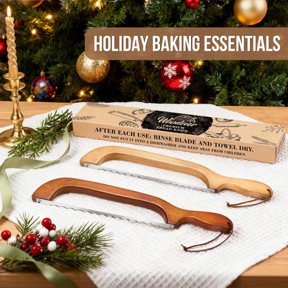 Bread Knife, 2 Pack Bread Slicer for Homemade Bread, 16'' Wooden Sourdough Bread Knife with Bow Design, Premium Stainless Steel Serrated Bread Cutter for Bagels and Baguettes (2 Pack)