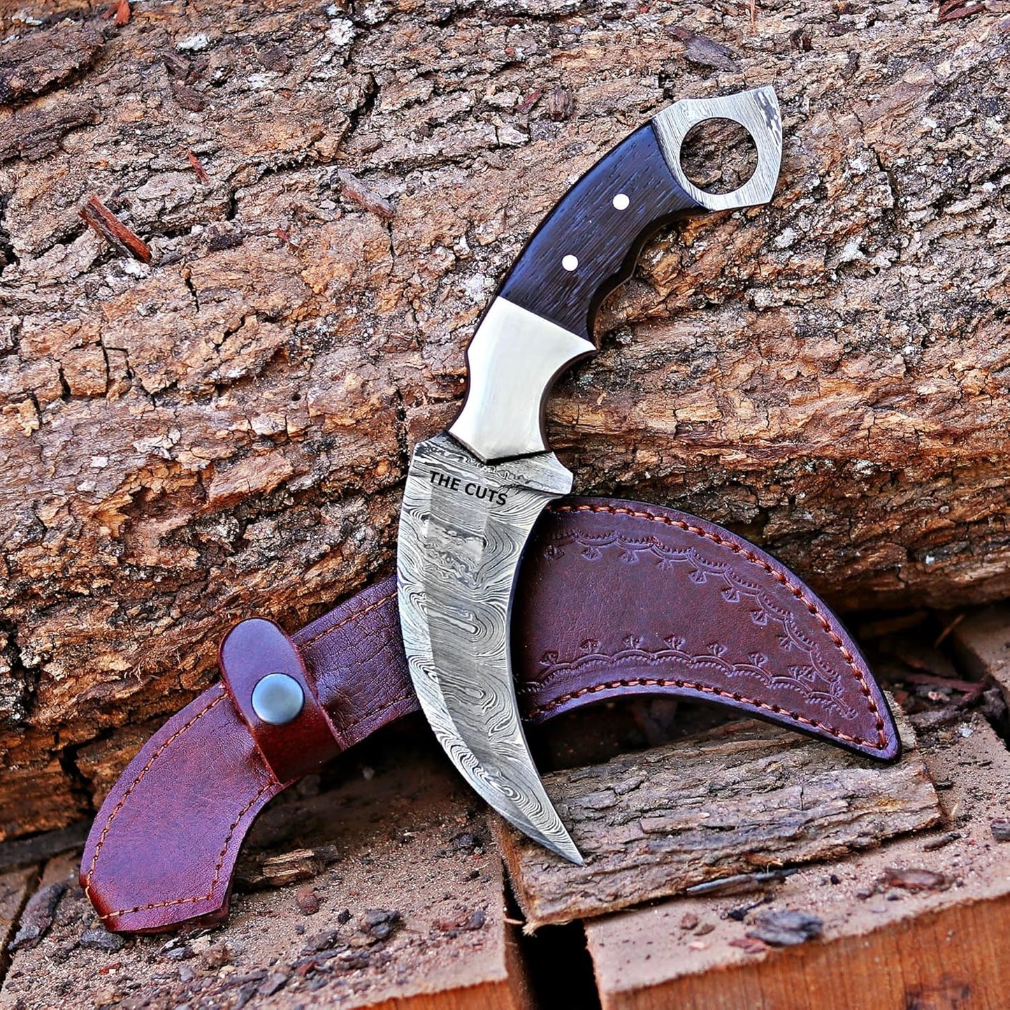 Damascus steel Handmade hunting Knife, Survival claw Tactical teeth Knife Double edged sharp, Fixed Blade Knife With Sheath, Curved knife