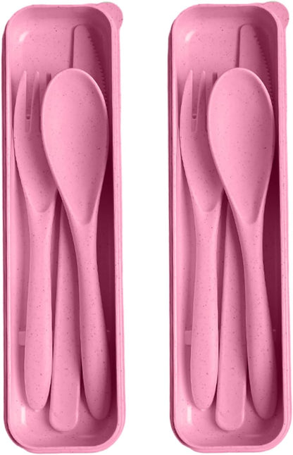 Pink Utensil set Travel Silverware with Case, 2 Sets Reusable Utensils Set with Case, Wheat Straw Utensils for Lunch Box Accessories, Camping Utensils for Work Lunch or Daily Use (Pink)