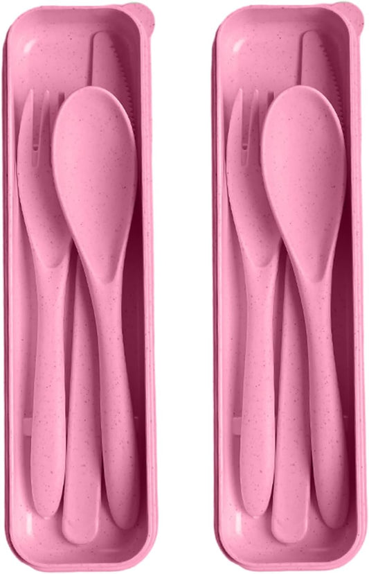 Pink Utensil set Travel Silverware with Case, 2 Sets Reusable Utensils Set with Case, Wheat Straw Utensils for Lunch Box Accessories, Camping Utensils for Work Lunch or Daily Use (Pink)
