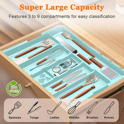 Large Utensil Drawer Organizer Expandable Silverware Organizer for Kitchen Drawer Adjustable Cooking Utensil Holder Cutlery Flatware Tray Spatula Tools Gadgets Storage Dividers Plastic Grey