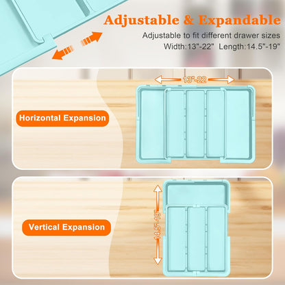 Large Utensil Drawer Organizer Expandable Silverware Organizer for Kitchen Drawer Adjustable Cooking Utensil Holder Cutlery Flatware Tray Spatula Tools Gadgets Storage Dividers Plastic Grey