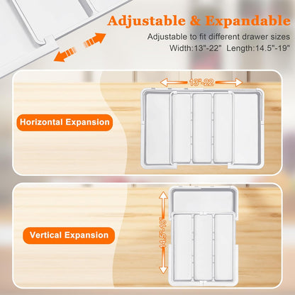 Large Utensil Drawer Organizer Expandable Silverware Organizer for Kitchen Drawer Adjustable Cooking Utensil Holder Cutlery Flatware Tray Spatula Tools Gadgets Storage Dividers Plastic Grey
