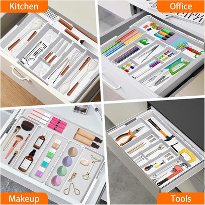 Large Utensil Drawer Organizer Expandable Silverware Organizer for Kitchen Drawer Adjustable Cooking Utensil Holder Cutlery Flatware Tray Spatula Tools Gadgets Storage Dividers Plastic Grey