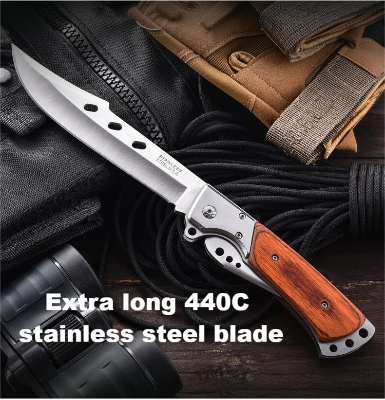 Long Blade Pocket Folding Knife - Sharp Survival Work Knives-Foldable Large Knife with Rosewood Handle,Gift for Dad Husband,for Hunting,Hiking,Camping (1 Knife)