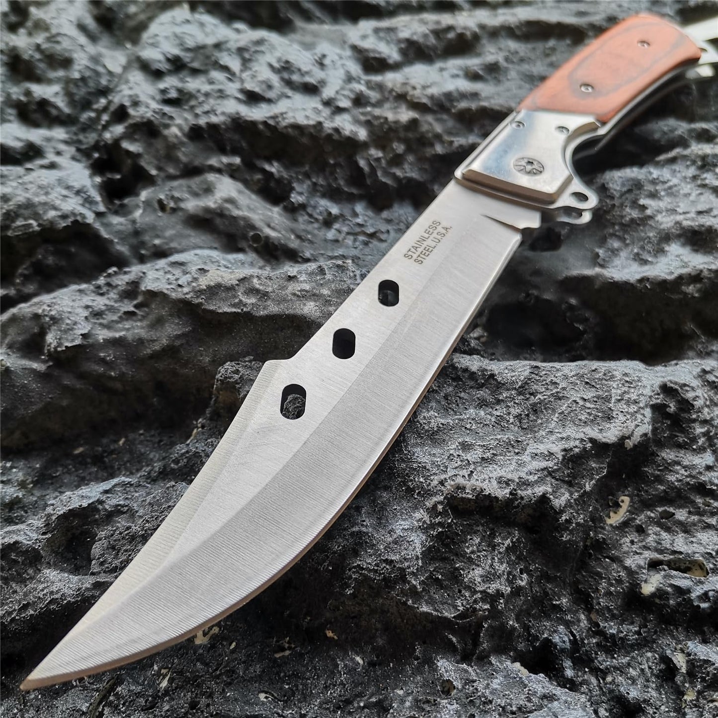 Long Blade Pocket Folding Knife - Sharp Survival Work Knives-Foldable Large Knife with Rosewood Handle,Gift for Dad Husband,for Hunting,Hiking,Camping (1 Knife)