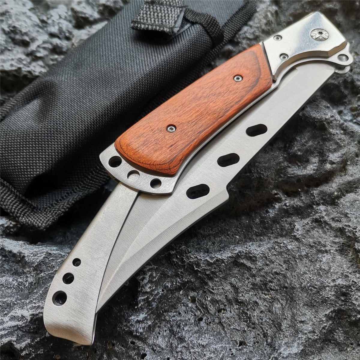 Long Blade Pocket Folding Knife - Sharp Survival Work Knives-Foldable Large Knife with Rosewood Handle,Gift for Dad Husband,for Hunting,Hiking,Camping (1 Knife)