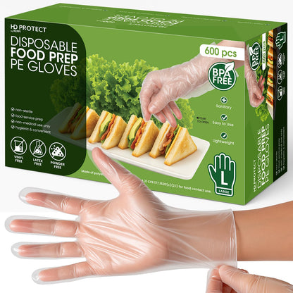 600 Pack Disposable Food Prep Gloves – Clear Polyethylene, Latex- BPA & Powder-Free – Bulk Kitchen Gloves for Cooking, Catering, BBQ, Baking, Restaurant Food Handling