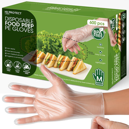 600 Pack Disposable Food Prep Gloves – Clear Polyethylene, Latex- BPA & Powder-Free – Bulk Kitchen Gloves for Cooking, Catering, BBQ, Baking, Restaurant Food Handling