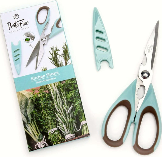 PortoFino Kitchen Scissors for Food, Stainless Steel Shears, Cooking Scissors for Chicken, Fish, Herbs, Lightweight and designed with a soft Non-Slip Grip, Protect Cover, Dishwasher Safe, Blue