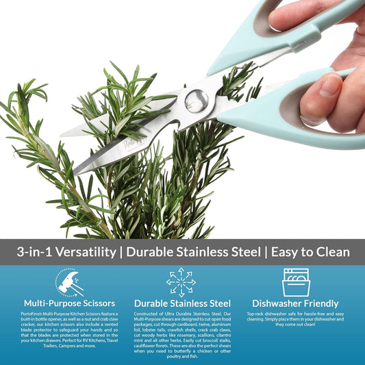 PortoFino Kitchen Scissors for Food, Stainless Steel Shears, Cooking Scissors for Chicken, Fish, Herbs, Lightweight and designed with a soft Non-Slip Grip, Protect Cover, Dishwasher Safe, Blue