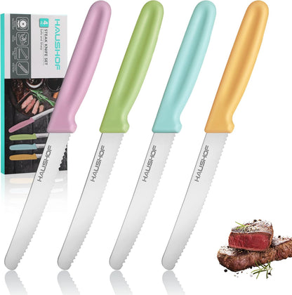 Steak Knives Set of 4, Serrated Steak Knives, Premium Stainless Steel Steak Knife Set with Gift Box, Assorted Color