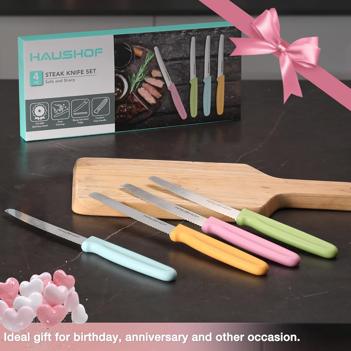 Steak Knives Set of 4, Serrated Steak Knives, Premium Stainless Steel Steak Knife Set with Gift Box, Assorted Color