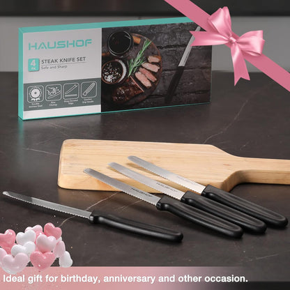 Steak Knives Set of 4, Serrated Steak Knives, Premium Stainless Steel Steak Knife Set with Gift Box, Assorted Color