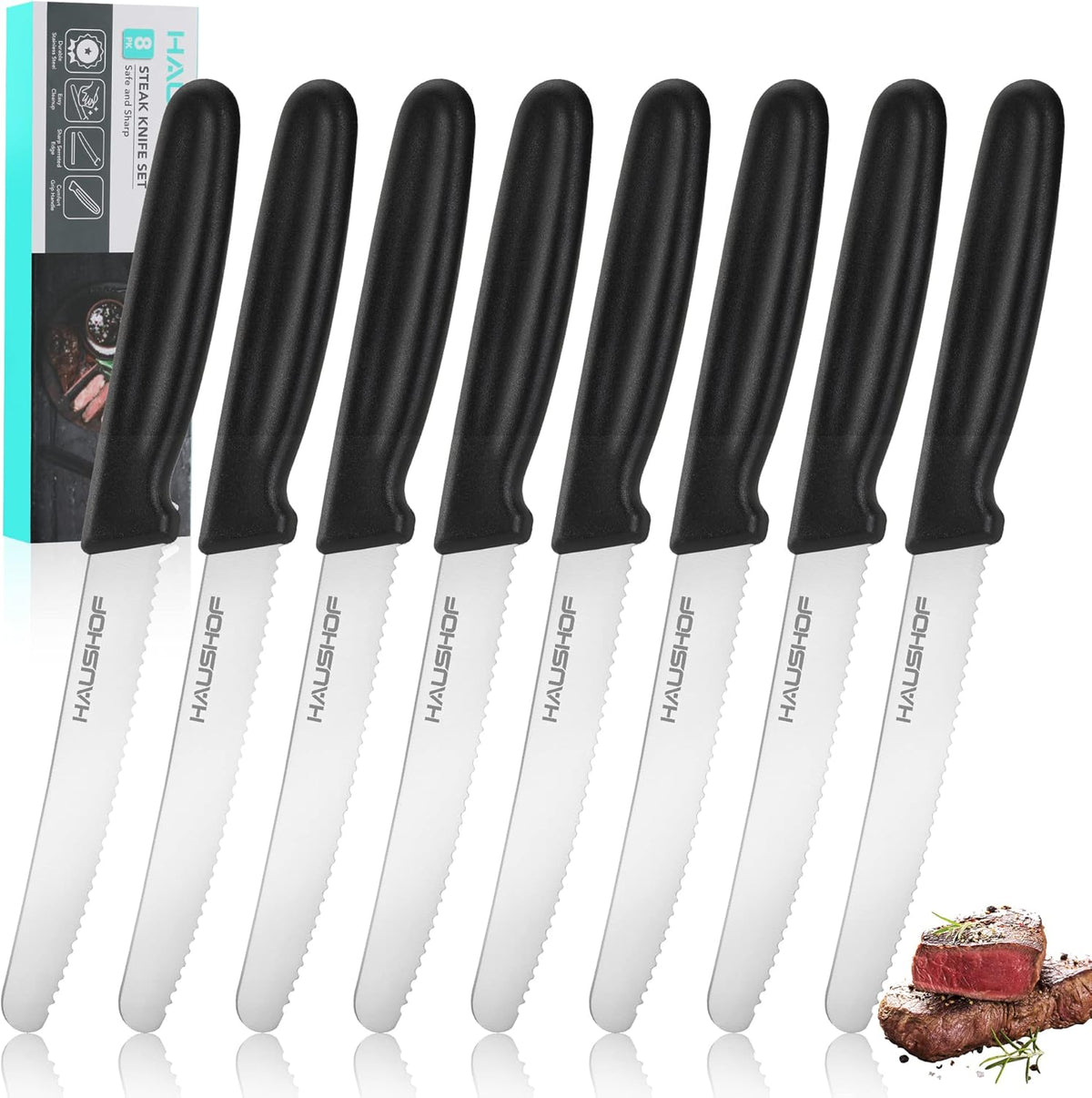 Steak Knives Set of 4, Serrated Steak Knives, Premium Stainless Steel Steak Knife Set with Gift Box, Assorted Color