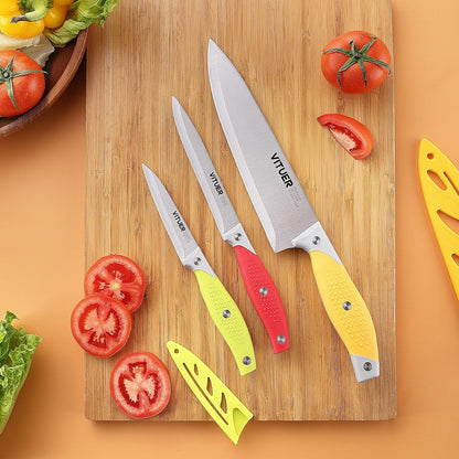 Chef Knife, 3PCS Kitchen Knife, Multicolor Stainless Steel Sharp Chef Knife Set (3Pack, Yellow, Red, Green)