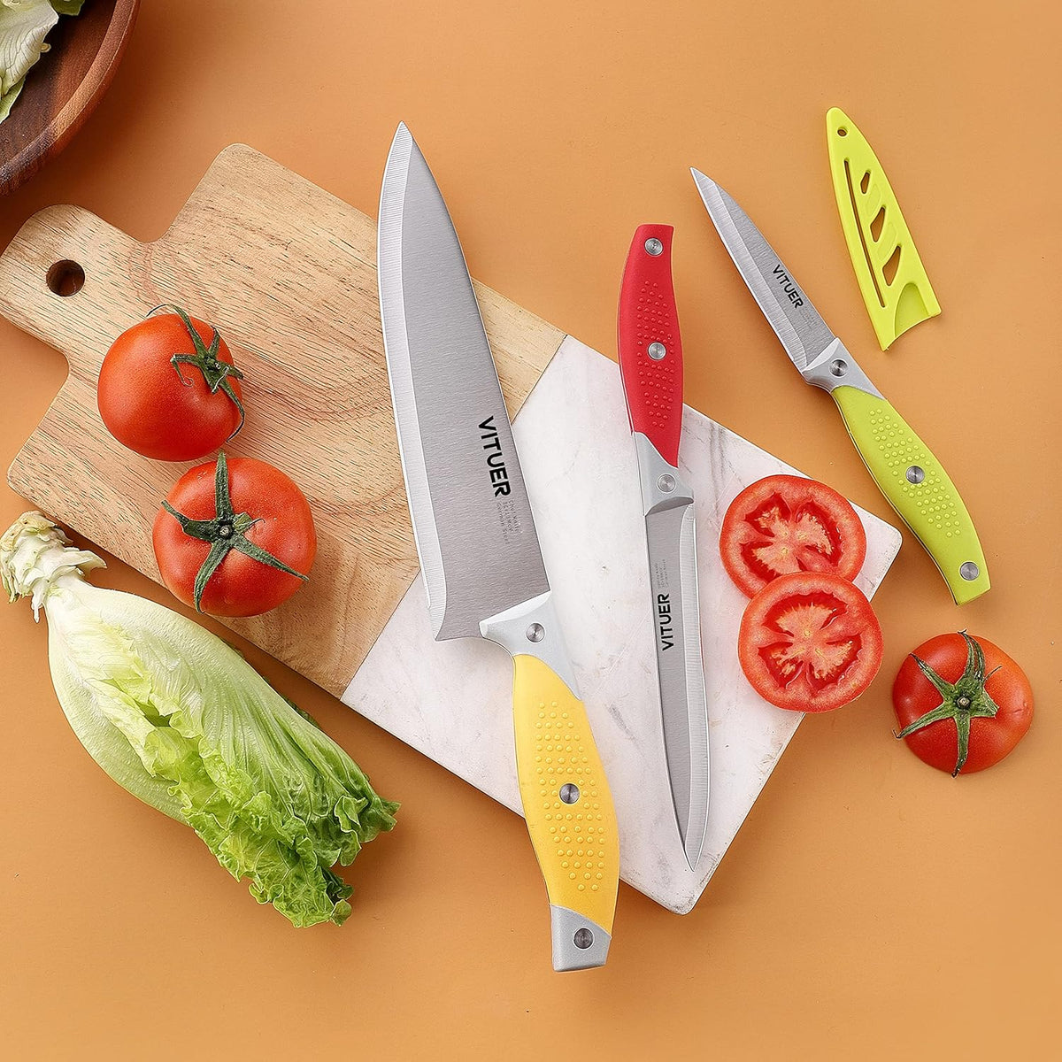 Chef Knife, 3PCS Kitchen Knife, Multicolor Stainless Steel Sharp Chef Knife Set (3Pack, Yellow, Red, Green)