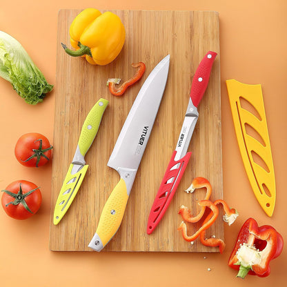 Chef Knife, 3PCS Kitchen Knife, Multicolor Stainless Steel Sharp Chef Knife Set (3Pack, Yellow, Red, Green)