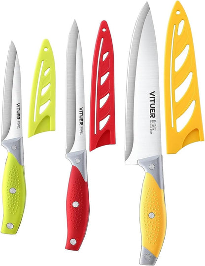 Chef Knife, 3PCS Kitchen Knife, Multicolor Stainless Steel Sharp Chef Knife Set (3Pack, Yellow, Red, Green)