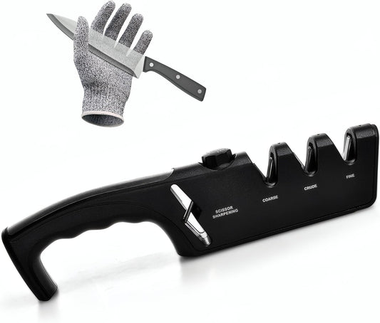 5-Angle Adjustable 10-35 Degree Professional 4-Stage Knife Sharpener, with Cut-Resistant Glove, with Scissors Grinding Slot - Multi-Purpose Precision Tool for Kitchen, Home, Outdoors (Black)