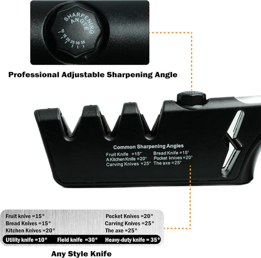 5-Angle Adjustable 10-35 Degree Professional 4-Stage Knife Sharpener, with Cut-Resistant Glove, with Scissors Grinding Slot - Multi-Purpose Precision Tool for Kitchen, Home, Outdoors (Black)