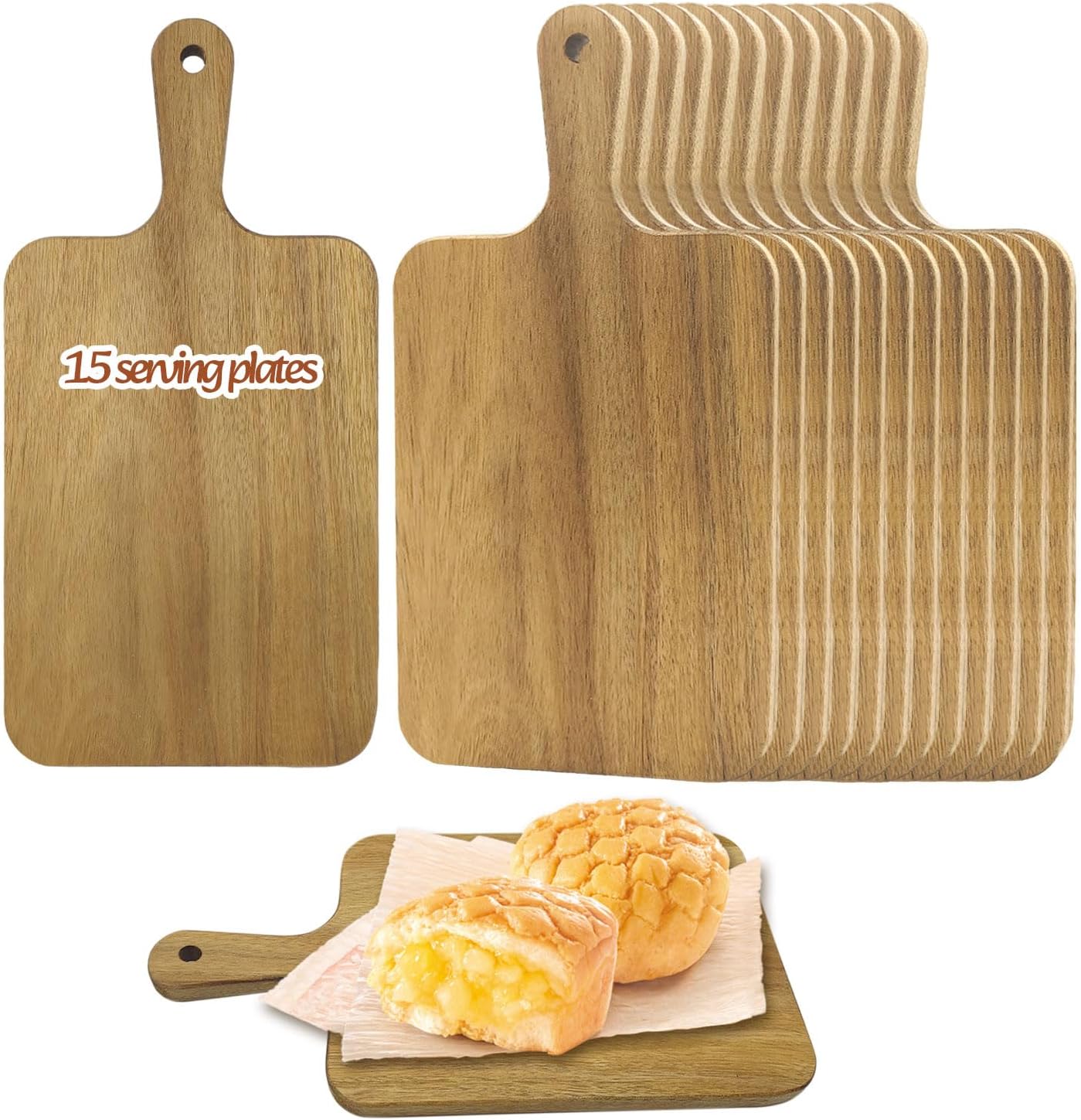 15 Pack Acacia Wood Cutting Board Bulk Wooden Serving Tray Kitchen Chopping Boards with Handle for Laser Engraving DIY Gift (13.8 x 7 Inch)