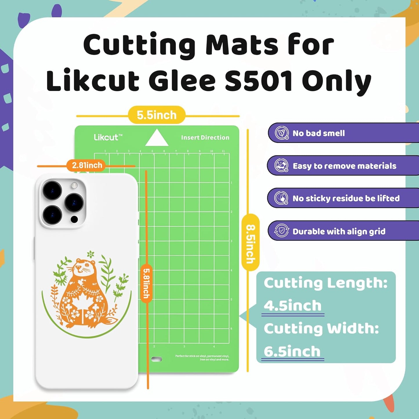 Likcut Cutting Mat for Glee S501 Cutter, 4.5" X 6.5" Standard Adhesive Mat for DIY Crafty, 3 Packs Likcut Accessories Mats, Adhesive Sticky Green Quilting Replacement Cut Mats for Iron On, Vinyl