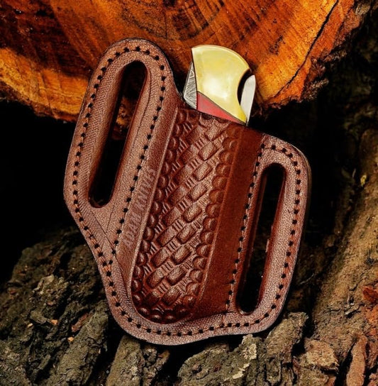 Leather Pocket Knife Sheath For Belt, Slanted Sheath, Tooled Leather Sheath, Beautiful Folding/Trapper Knife Cover 100% Real