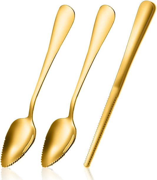 Grapefruit Spoons Serrated Edge Knife Stainless Steel Utensil Tool Dessert Spoon for Citrus Lemon Kiwi Salads Melon Lime Pitaya Apple Fruit Puree (Gold)