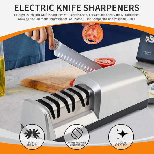 15° Electric Knife Sharpener for Kitchen Knives with 3-step Sharpening System and Diamond Abrasives Suitable for most Metal Ceramic Knives
