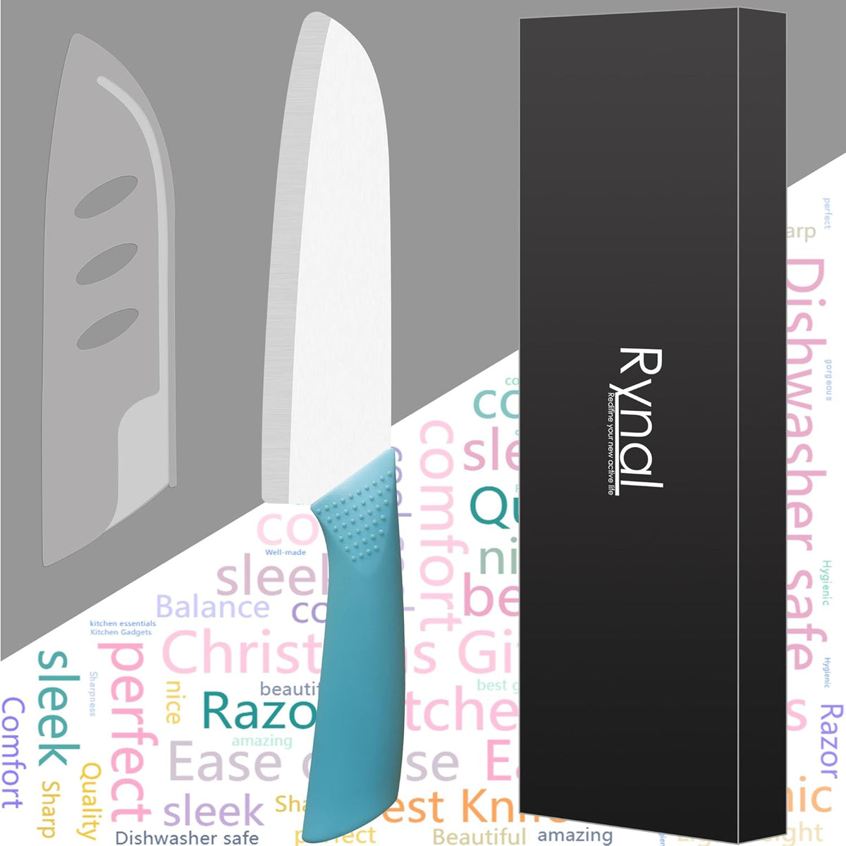 Upgrade Version 7-inch Ceramic Santoku Knife with Sheath - Light, Precise, Sharp, Nonstick Ceramic Knife - Rustproof Dishwasher Safe Chef's Kitchen Knife