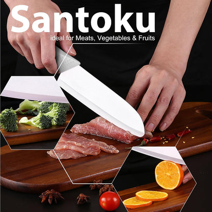 Upgrade Version 7-inch Ceramic Santoku Knife with Sheath - Light, Precise, Sharp, Nonstick Ceramic Knife - Rustproof Dishwasher Safe Chef's Kitchen Knife