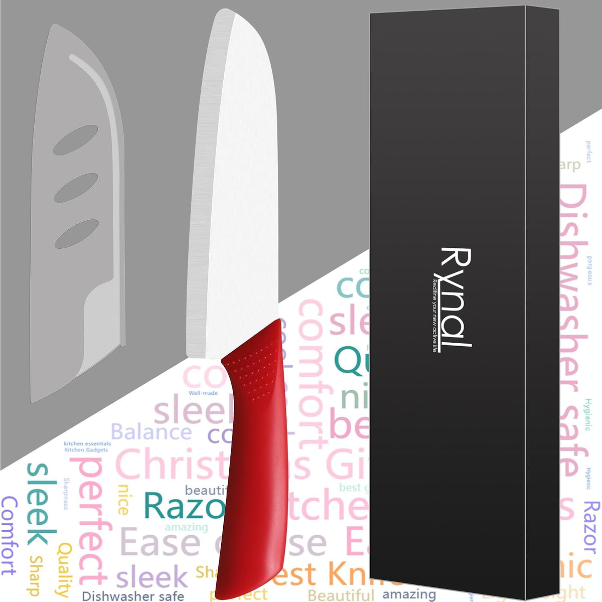 Upgrade Version 7-inch Ceramic Santoku Knife with Sheath - Light, Precise, Sharp, Nonstick Ceramic Knife - Rustproof Dishwasher Safe Chef's Kitchen Knife