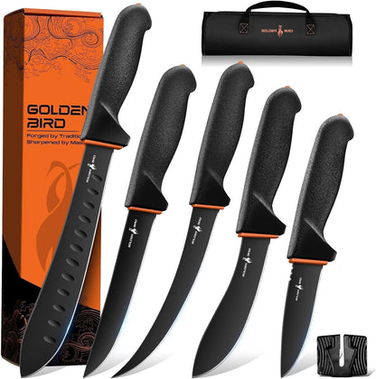 Golden Bird Butcher Knife Set - Non-slip Skinning Knife Set with Roll Bag | Professional Game Processing Knives Sets - Butcher & Skinning Boning Knives with German Stainless Steel, Gift for Men