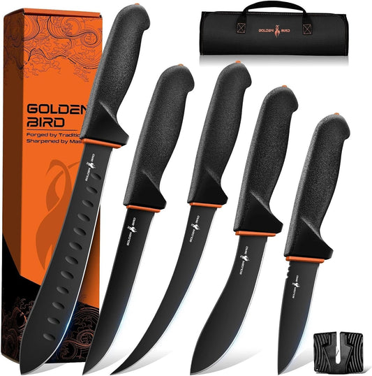Golden Bird Butcher Knife Set - Non-slip Skinning Knife Set with Roll Bag | Professional Game Processing Knives Sets - Butcher & Skinning Boning Knives with German Stainless Steel, Gift for Men
