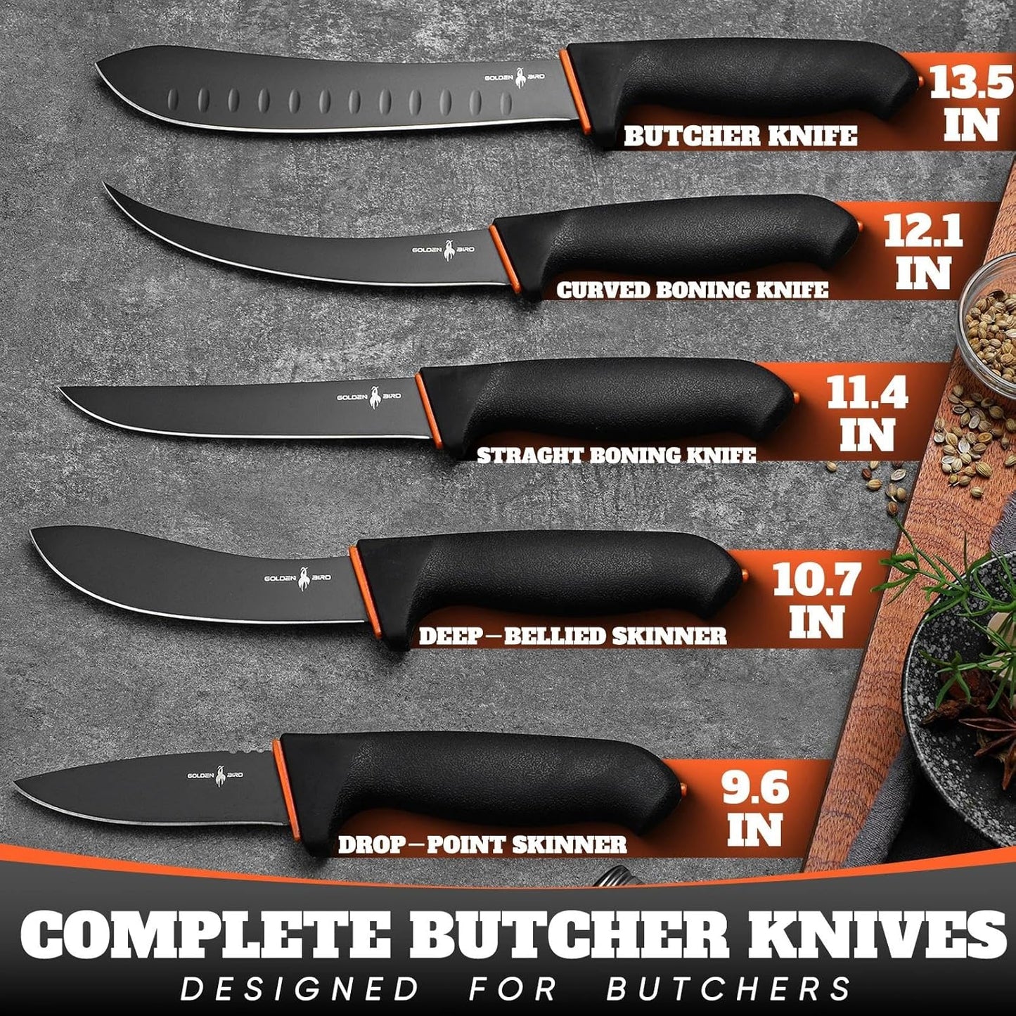 Golden Bird Butcher Knife Set - Non-slip Skinning Knife Set with Roll Bag | Professional Game Processing Knives Sets - Butcher & Skinning Boning Knives with German Stainless Steel, Gift for Men