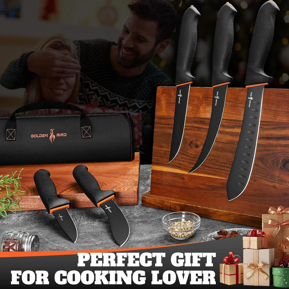 Golden Bird Butcher Knife Set - Non-slip Skinning Knife Set with Roll Bag | Professional Game Processing Knives Sets - Butcher & Skinning Boning Knives with German Stainless Steel, Gift for Men