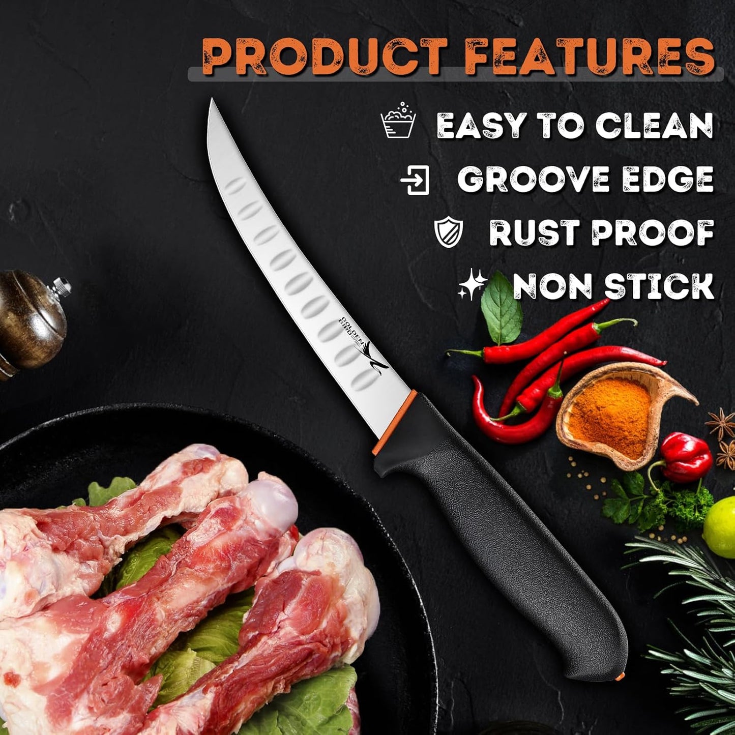 Golden Bird Butcher Knife Set - Non-slip Skinning Knife Set with Roll Bag | Professional Game Processing Knives Sets - Butcher & Skinning Boning Knives with German Stainless Steel, Gift for Men
