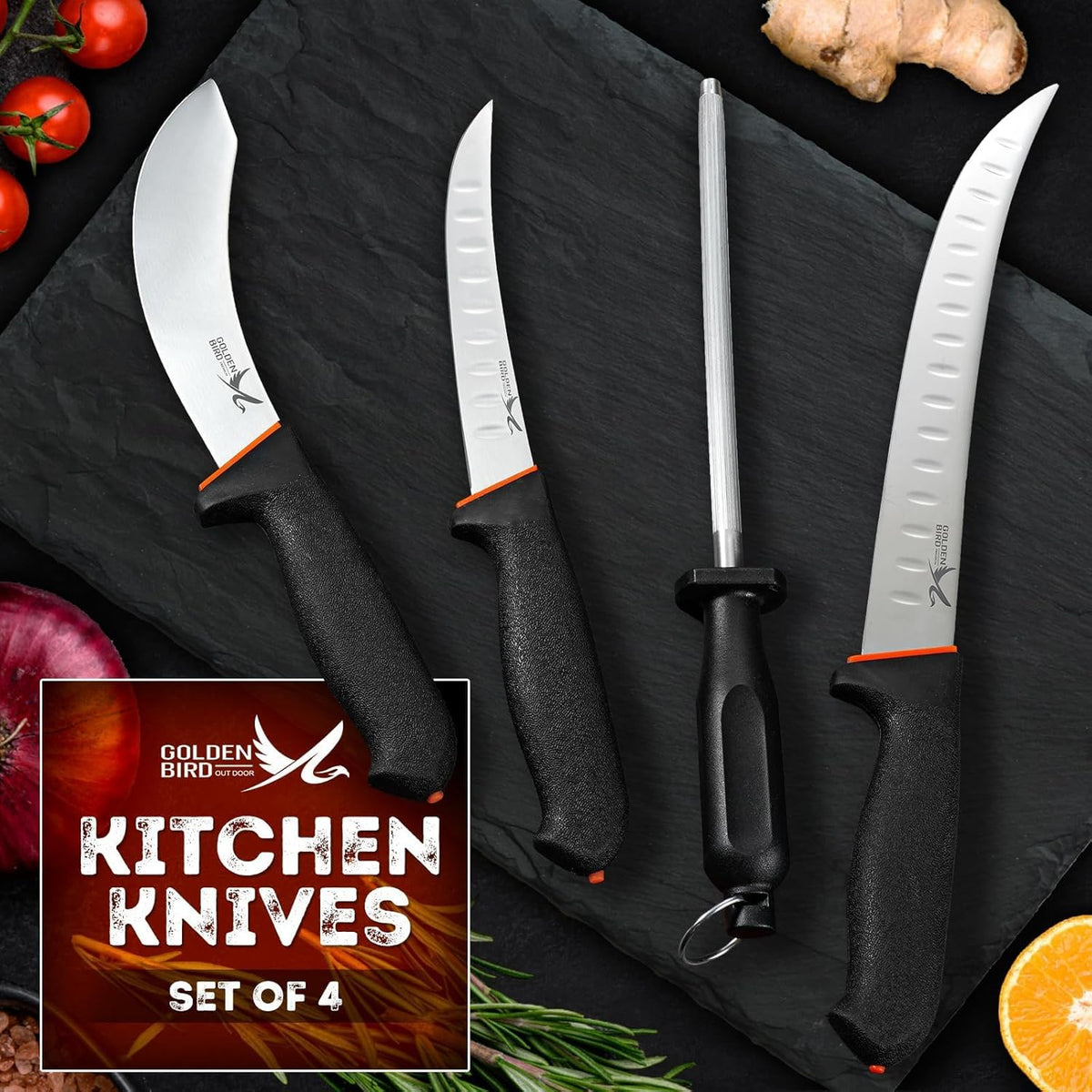Golden Bird Butcher Knife Set - Non-slip Skinning Knife Set with Roll Bag | Professional Game Processing Knives Sets - Butcher & Skinning Boning Knives with German Stainless Steel, Gift for Men